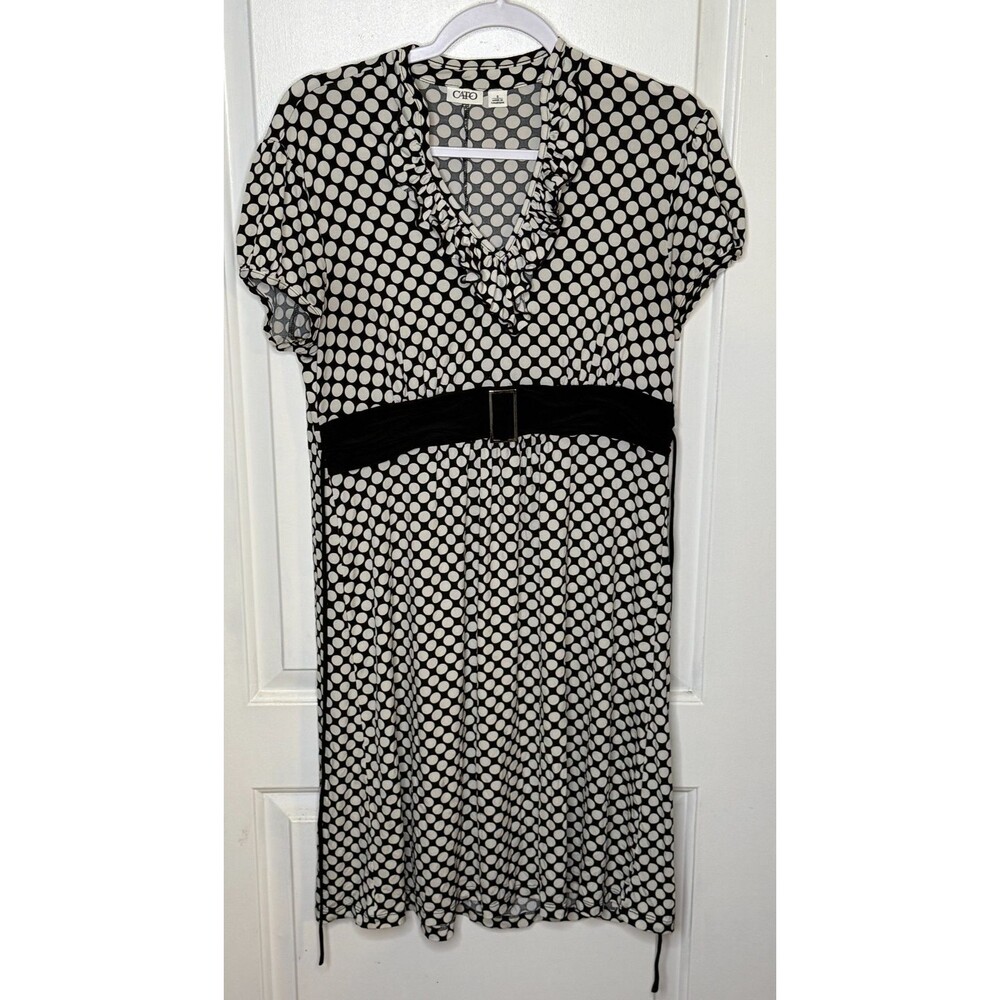 Cato Woman's Small Black & White Polka Dot Ruffled V-Neck Short-Sleeve Dress